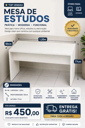 Mesa de Estudos 1,20m Branca - Promoção com Entrega Grátis 