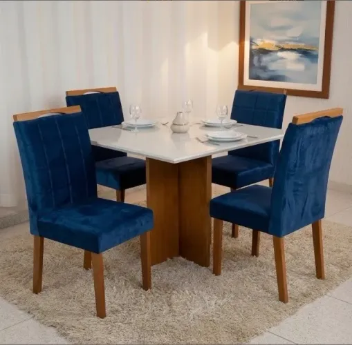 Conjunto de Jantar Siena 4 Lugares Cinamomo com Cadeiras Veludo Azul