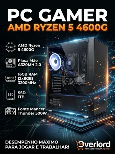 Pc Gamer Amd Ryzen 5 4600g| Placa Mãe A320MH 2.0|SSD 1 Tb|16 gb (2x8) gb de ram 3200hz