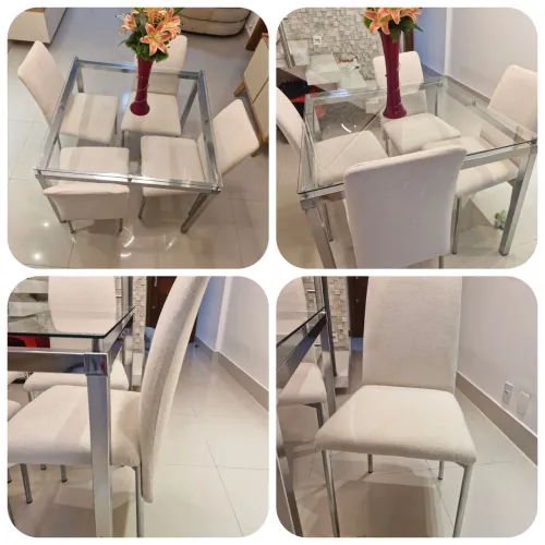 Mesa 95x95 com 4 cadeiras forradas em buclê.