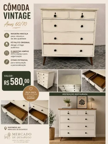 CÔMODA VINTAGE EM MADEIRA MACIÇA