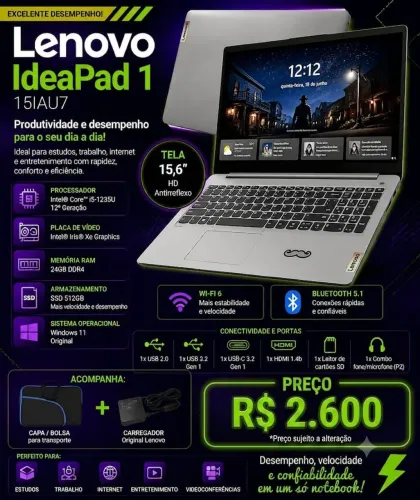 Lenovo IdeaPad 1 15IAU7 | i5 12ª Geração | 24GB RAM | SSD 512GB