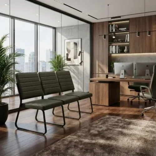 Sofanete Escritório 03 Lugares Estofado Conforto Profissional Pés Pretos Corporativo 35123