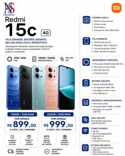 CEL XIAOMI REDMI 15C 4G 04GB+128GB GLOBAL GREEN BLUE BLACK LACRADO