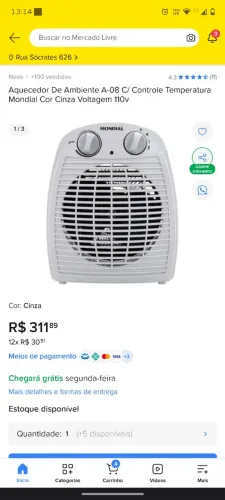 Aquecedor De Ambiente A-08 C/ Controle Temperatura Mondial Cor Cinza Voltagem 110v