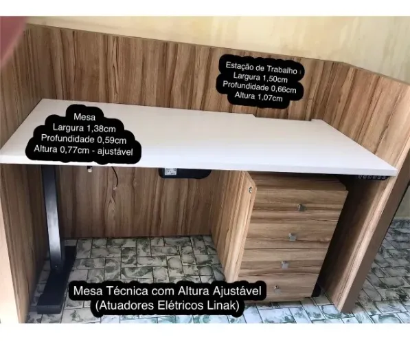 Mesa Eletrônica Linak com Estação de Trabalho e Gaveteiro em Madeira Maciça