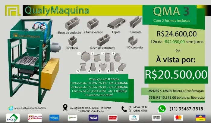 Máquina Pneumatizada Para Fabricar Blocos De Concreto QMA-3 Com 2 Formas Qualymaquina