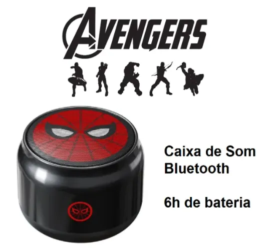 Caixa de som bluetooth dos vingadores (homem de ferro, homem aranha e pantera negra)