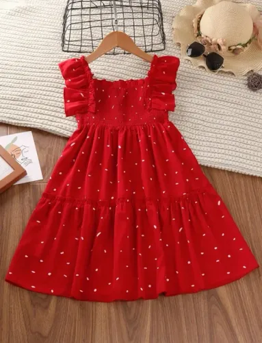 Vestido infantil vermelho de algodão com estampa de bolinhas