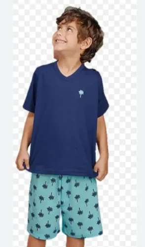 Conjunto de Pijama Infantil - Camiseta Azul + Shorts Estampado