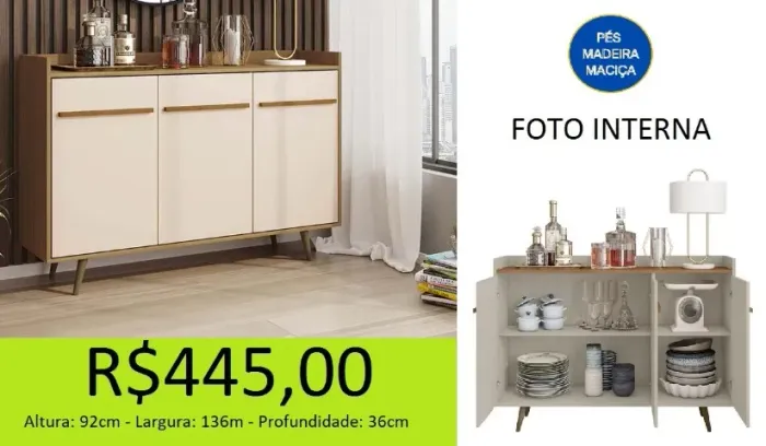 Aparador buffet com pés de madeira - em até 10x sem juros
