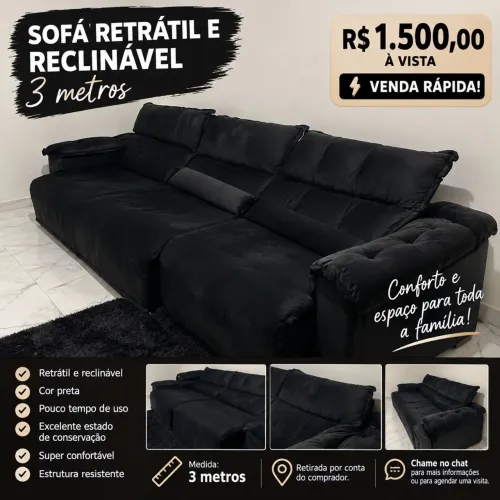 Sofá Retrátil e Reclinável 3 Metros - Preto