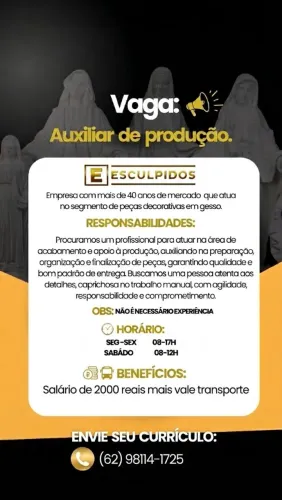 Vaga para auxiliar de produção - Esculpidos
