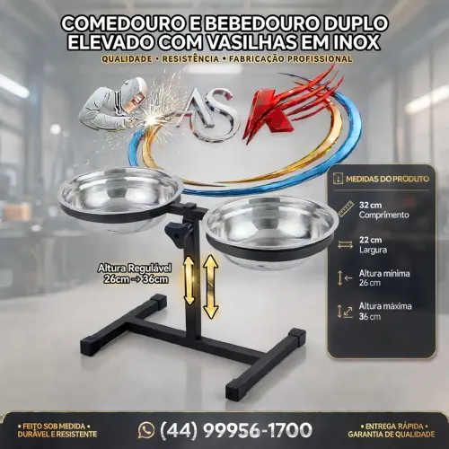 Suporte duplo elevado para pet comedouro e bebedouro duplo com vasilhas de inox 