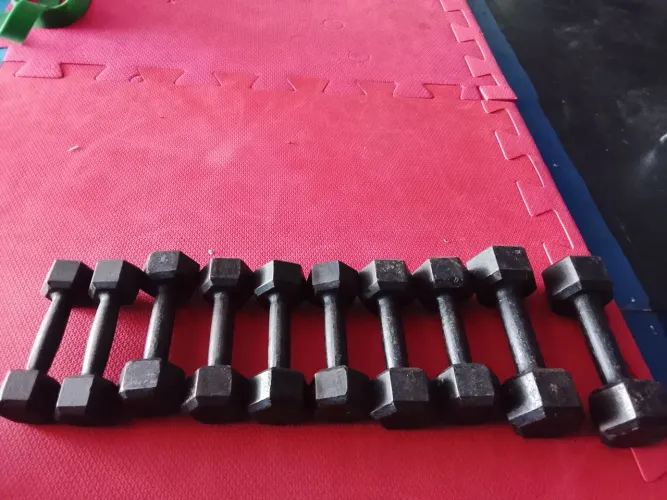 Jogo de halteres destacado . Contem 1 par de 6jg, 1 par de 4 kg ,2 pares de 3 g e u