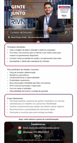 RIVA ESTÁ CONTRATANDO CORRETORES(AS) DE IMÓVEIS!