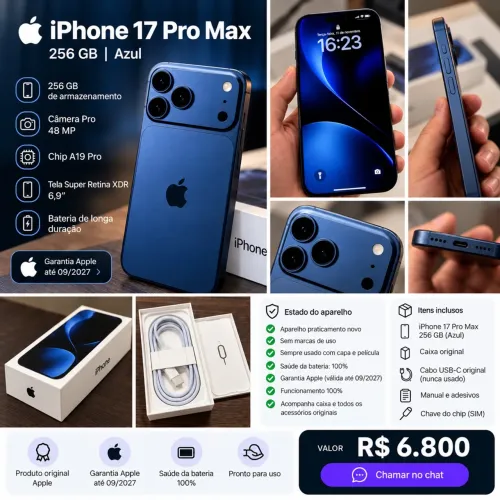 iPhone 17 Pro Max 256GB Azul - 100% Bateria - Garantia Apple