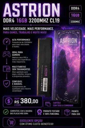 Memória RAM Astrion DDR4 16GB 3200MHz CL19 - Alta Performance | Testada | R$ 380 à Vista