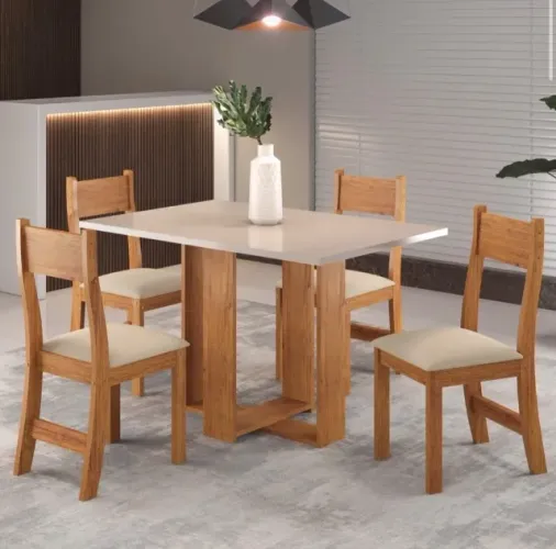 Conjunto Mesa Aurora 120 Mel Blonde com 4 Cadeiras Veludo Marfim