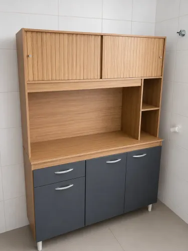 Armário Buffet de Cozinha Moderno Amadeirado com Nichos e Portas