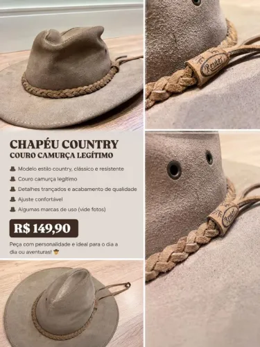 CHAPÉU COUNTRY COURO CAMURÇA LEGÍTIMO