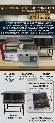 KIT PARA SALGADOS, PIZZA EPANIFICAÇÃO COMPLETO R$ 4.500 MASSEIRA + CILINDRO 30CM + FORNO