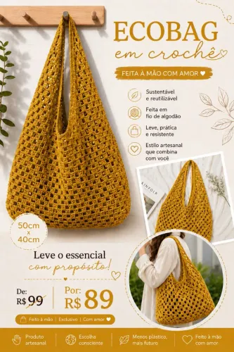 Ecobag bolsa de Crochê, sacola sem forro