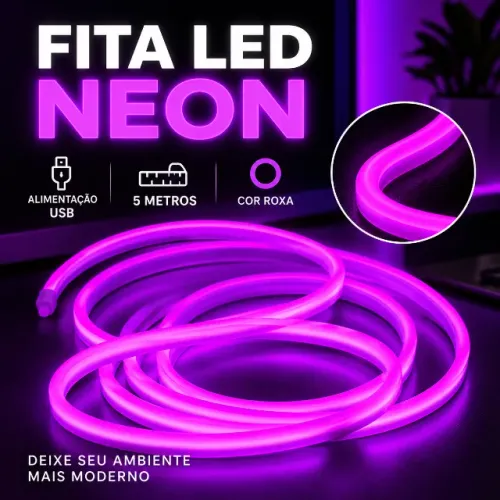 Fita LED Neon Roxa 5 Metros USB Flexível para Carro Quarto e Setup