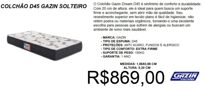 Colchão - solteiro - D45 - gazin - compre hoje e receba em até 72 horas