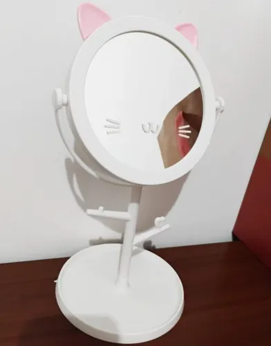 Espelho de mesa pequeno gatinho orelhinhas branco com rotação e porta bijuterias