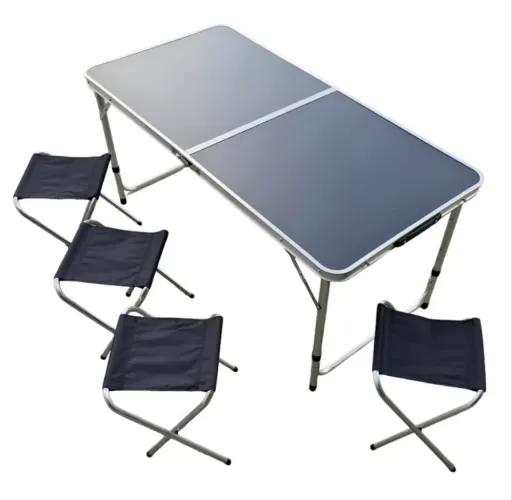 Mesa dobrável 120cm x 60cm com 4 banquetas na cor preta