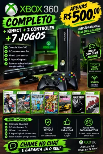 Xbox 360 Completo + Kinect + 2 Controles