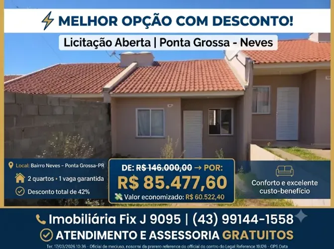 Oferta vantajosa ? Casa no Neves, Ponta Grossa - PR, Nº 174, 2 quartos, 1 vaga, 102,69m² |