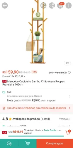 Mancebo Cabideiro Bambu Chão Arara Roupas Prateleira 165cm