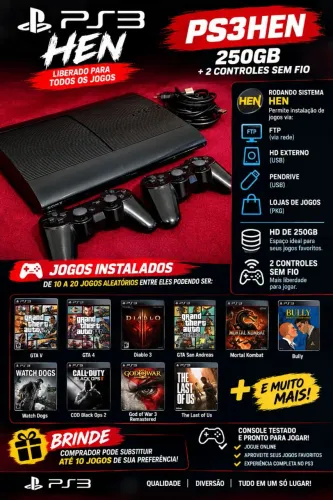 Sony Playstation 3 (Sistema HEN) HD de 250GB + Jogos + 2 Controles / Parcelo ate 18x