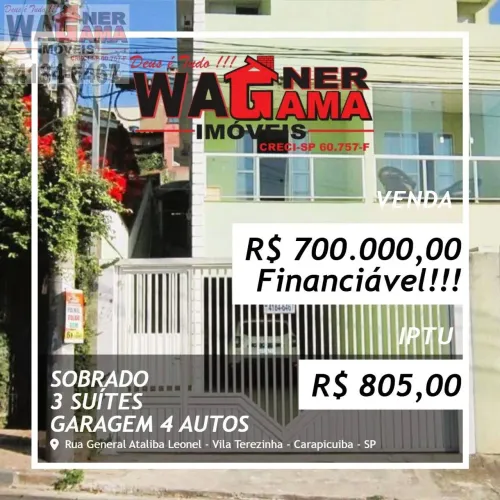 Lindo Sobrado na Santa Terezinha, Carapicuíba, 3 Suítes e Garagem 4 Autos