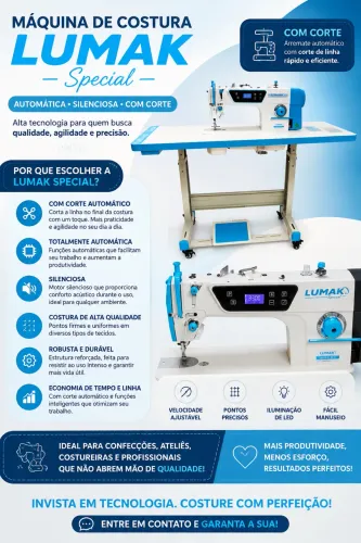 Máquina de costura Reta Lumak Azul Com Cortador de Linha