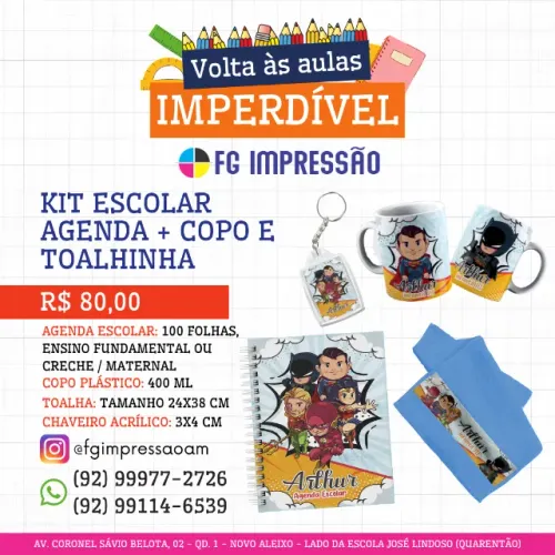 Kit Escolar com copo, toalhinha e agenda personalizados
