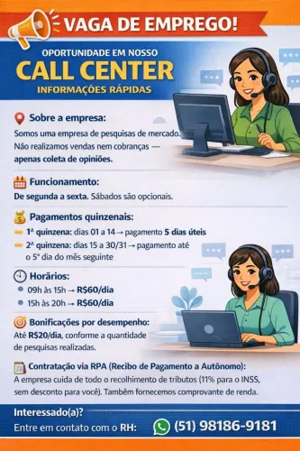 Vaga para callcenter pesquisa de mercado