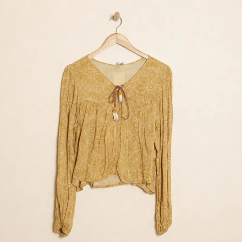 Blusa Bata Femina | Farm Rio Mostarda Estampada Manga Tamanho P