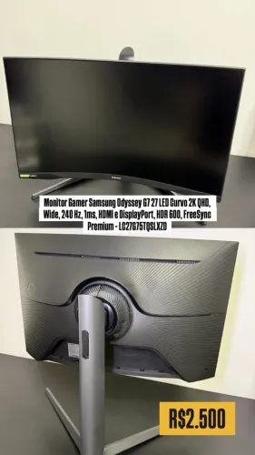 Monitor Gamer Samsung Odyssey G7 27 LED Curvo 2K QHD, Wide, 240 Hz, 1ms, HDMI e DisplayPor