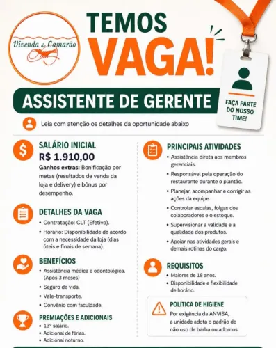 VAGA PARA ASSISTENTE DE GERENTE, SHOPPING MOOCA PLAZA