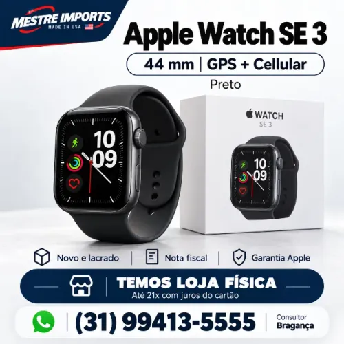 Apple Watch SE 3 de 44 mm, na cor preta. Modelo GPS e Cellular.