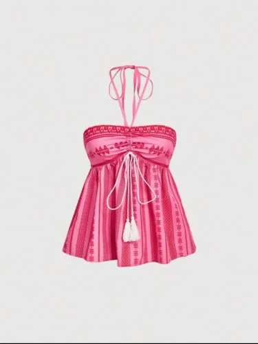 top halter rosa boêmia com decote laço, blusas de verão