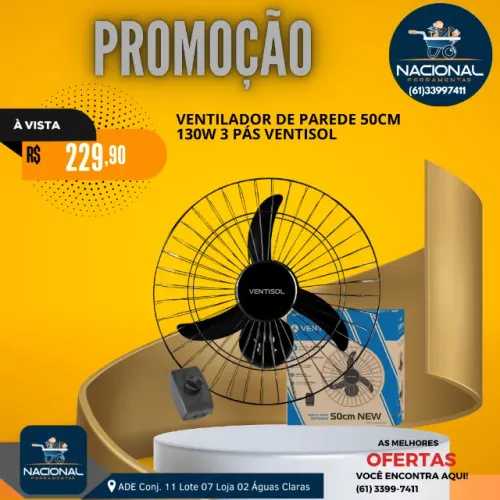 VENTILADOR DE PAREDE VENTISOL OSCILANTE 50CM - 130W | 3 PÁS | ALTA VENTILAÇÃO