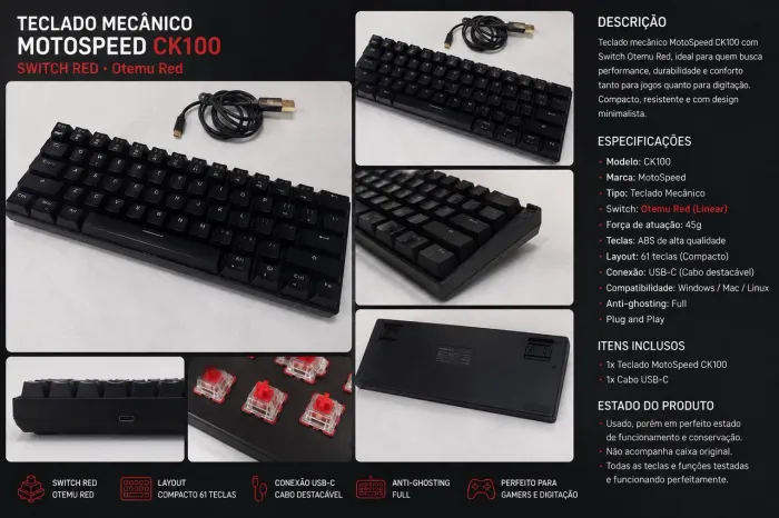 Teclado mecânico CK61 MOTOSPEED OTEMU RED