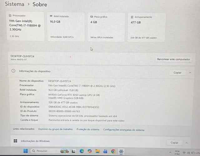 Notebook Nitro 5 com processador Intel Core i7 de 11ª geração e placa de vídeo GTX 3050