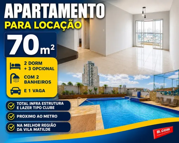 Apartamento para locação  com 70 m² , com 2 quartos + OPCIONAL + 1 vaga