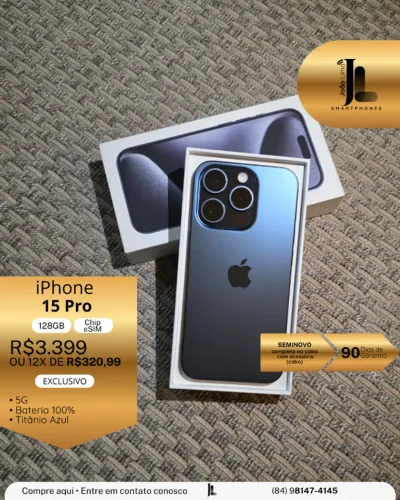 IPHONE 15 PRO, 5G, CHIP ESIM, 128GB, TITÂNIO AZUL, SEMINOVO, EXCLUSIVO!
