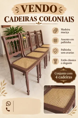 4 Cadeira colonial com acento de palhinha